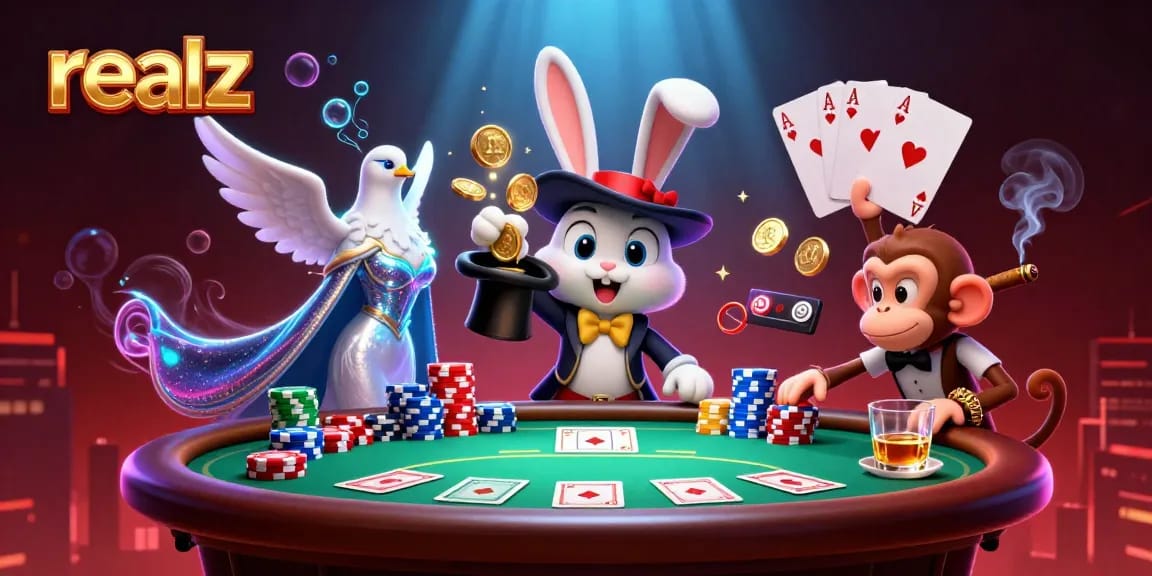 Engage with the thrilling realz casino scene showcasing vibrant characters, poker chips, and magical elements.