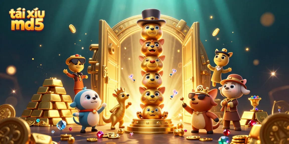 Play exciting tài xỉu md5 with golden treasures and charming characters in a vibrant casino scene.