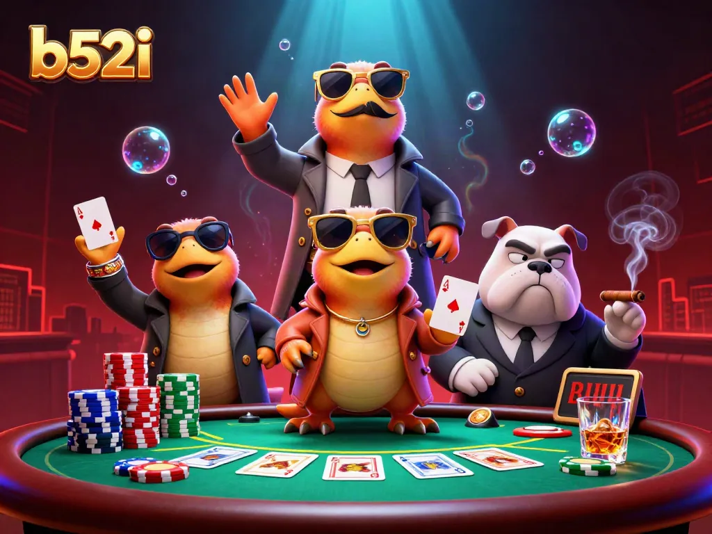 Engage with b52i's VIP casino scene featuring raptors and poker elements. Exciting gambling experience!