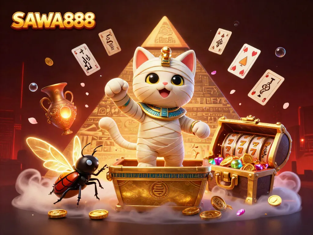 Experience thrilling slots action with the SAWA888 mummy cat and golden treasures in a vibrant pyramid casino.