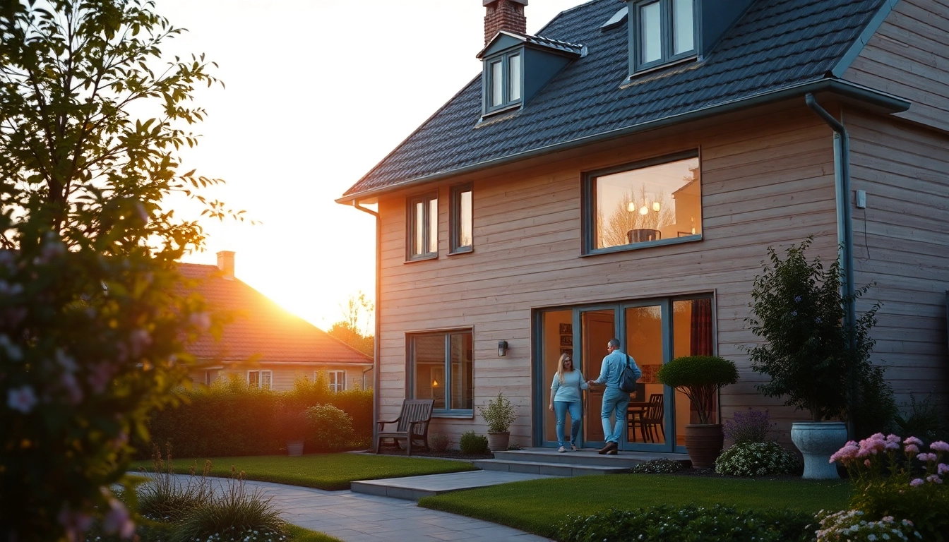Entdecken Sie den perfekten Hauskauf: modernes Zuhause mit Familie im Garten bei Sonnenuntergang.