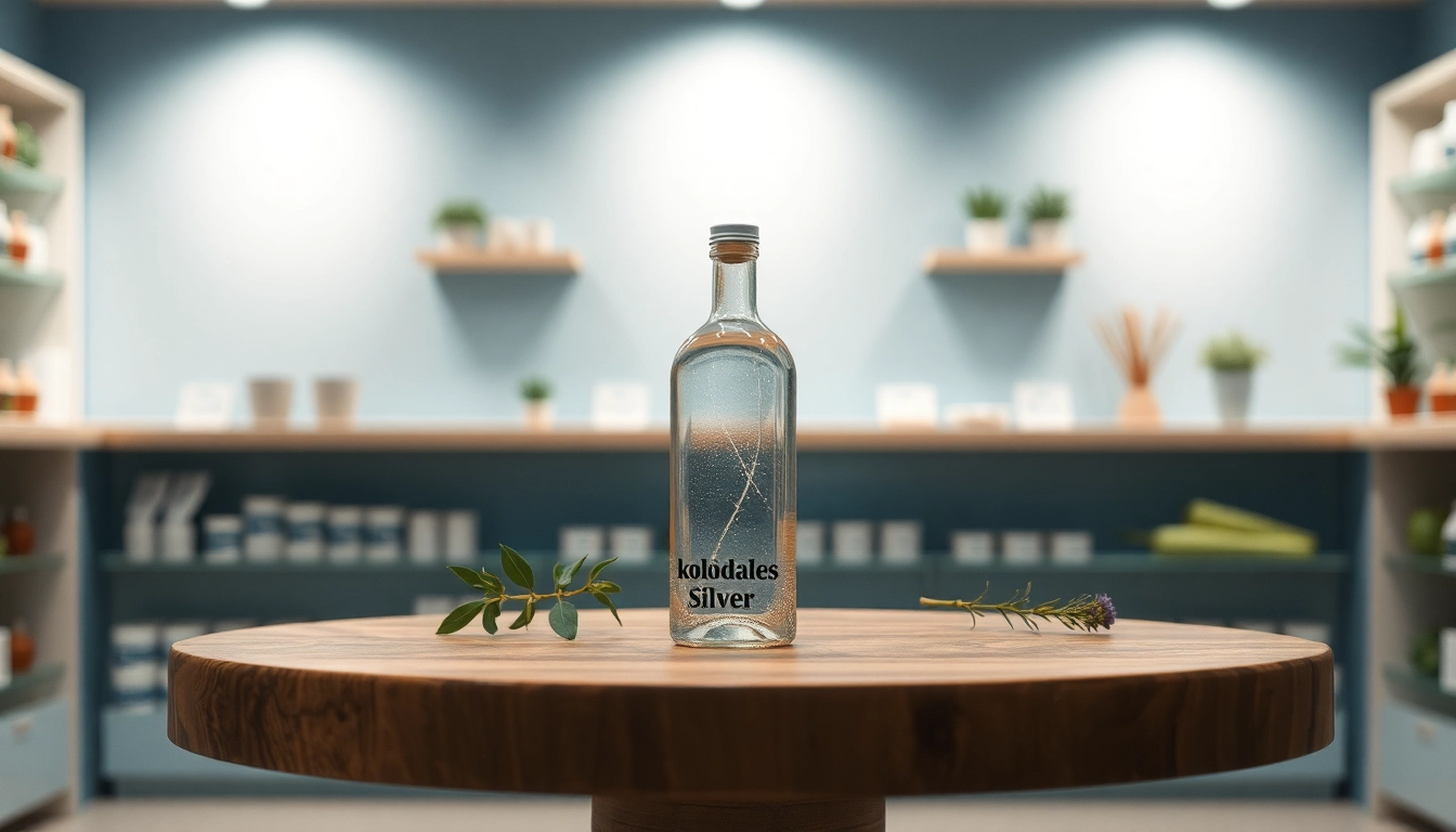 Kolloidales Silber kaufen: hochwertiges Produktfoto mit eleganter Flasche in einer Apotheke.