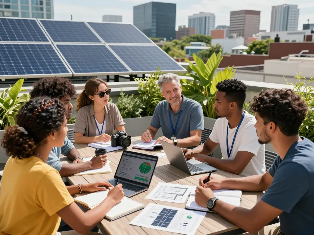Engagierte Hausbesitzer erkunden Photovoltaik Wien Solarlösungen auf einem städtischen Dach.