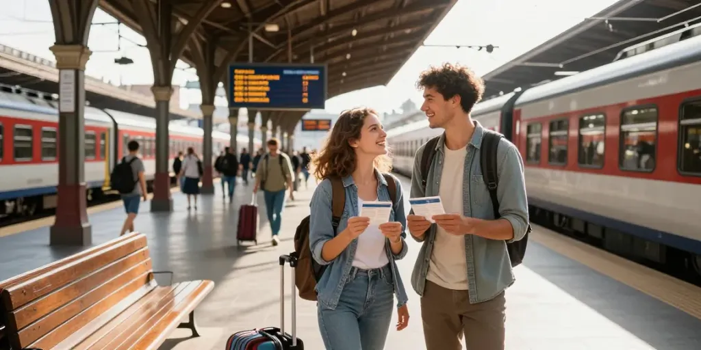 Zugtickets im Voraus buchen in einem lebhaften Bahnhof mit einem Paar, das bereit ist, ihre Reise anzutreten.