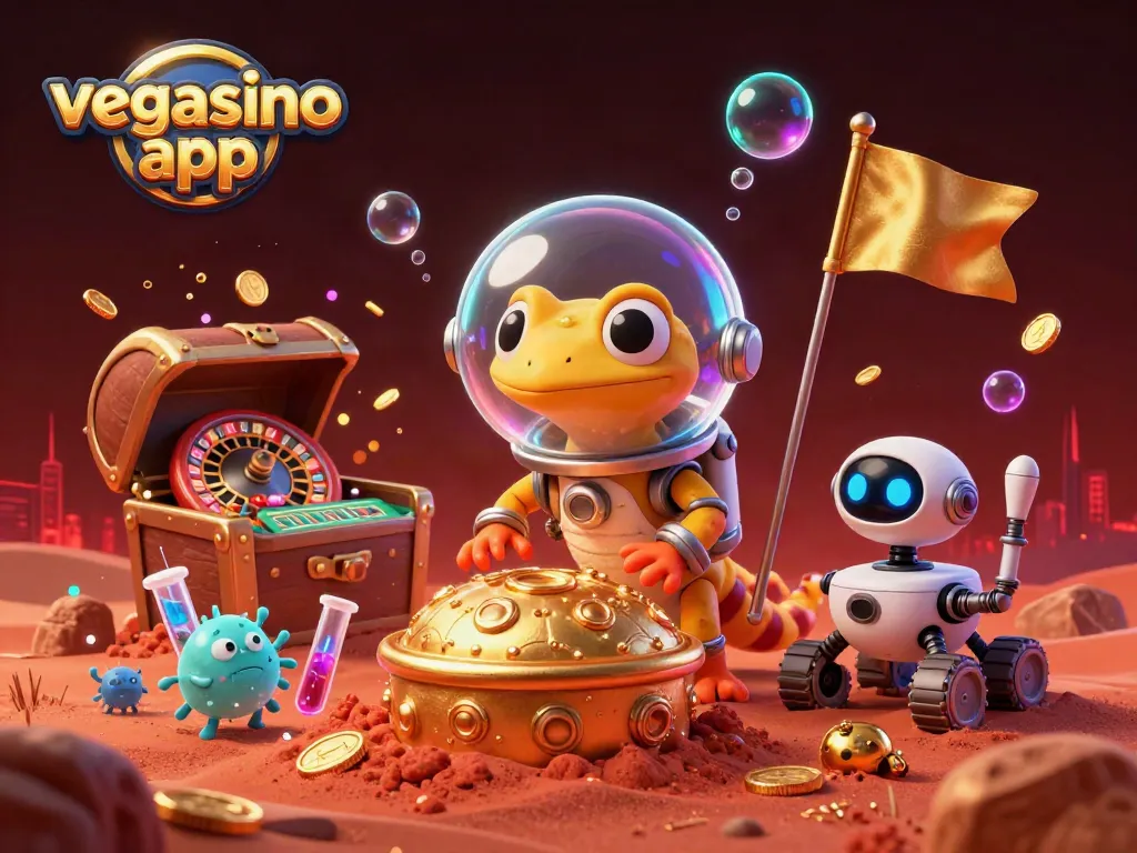 Experience the vegasino app with a vibrant casino scene featuring games, energetic characters, and alien cheerleaders.