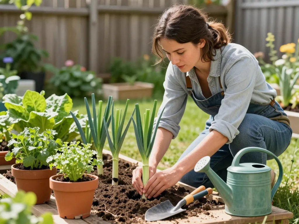 Lauch pflanzen kaufen in a sunny home garden scene with a gardener planting summer leeks, surrounded by tools and vibrant herbs.