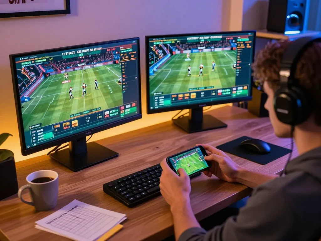 Engaging sports betting on man88 with smartphone in a modern home setup, showcasing live action