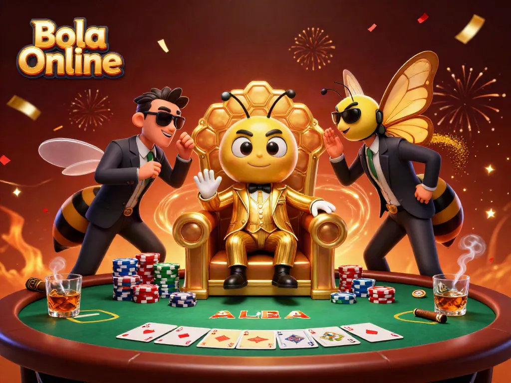 Bola Online showcases a vibrant cartoon bumblebee mob boss amidst a lively poker game with colorful chips and cards.