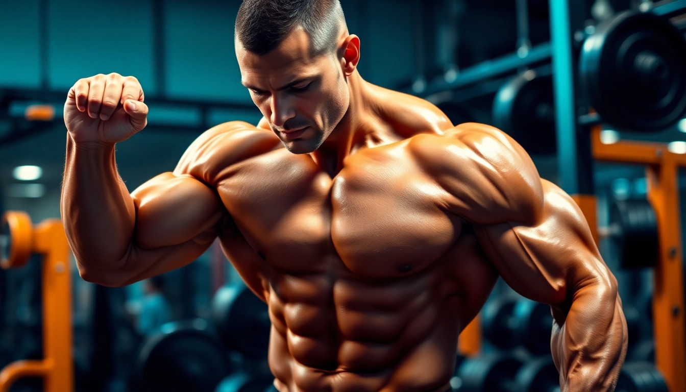 Androbal Testosterone Compound boosts athletic performance with defined muscles in a gym setting.
