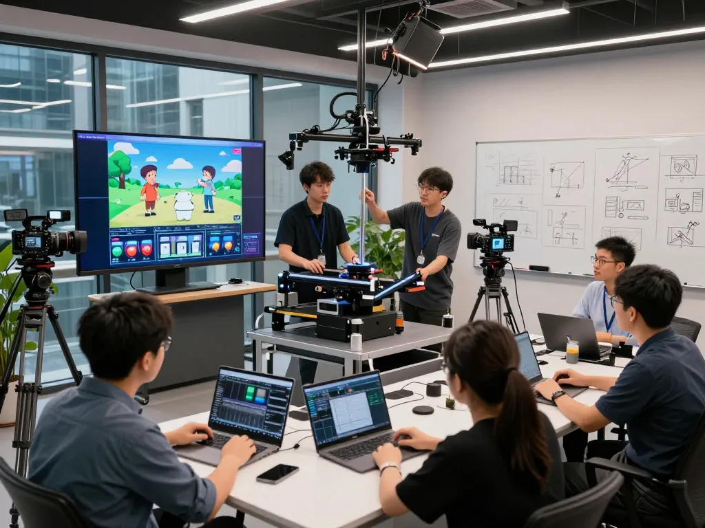 Team collaborating on motion control technology in a creative studio.
