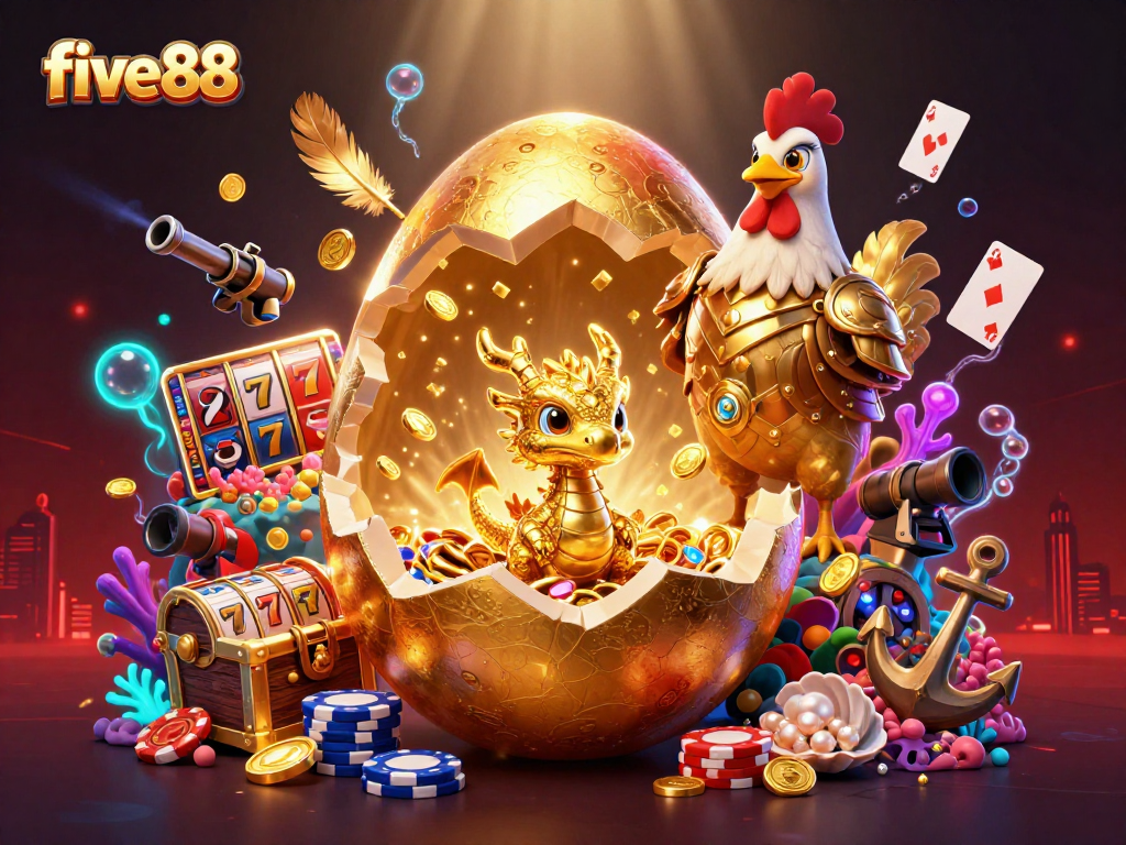 Engage with five88's vibrant casino world, featuring a golden dragon and poker chips in a dynamic scene.