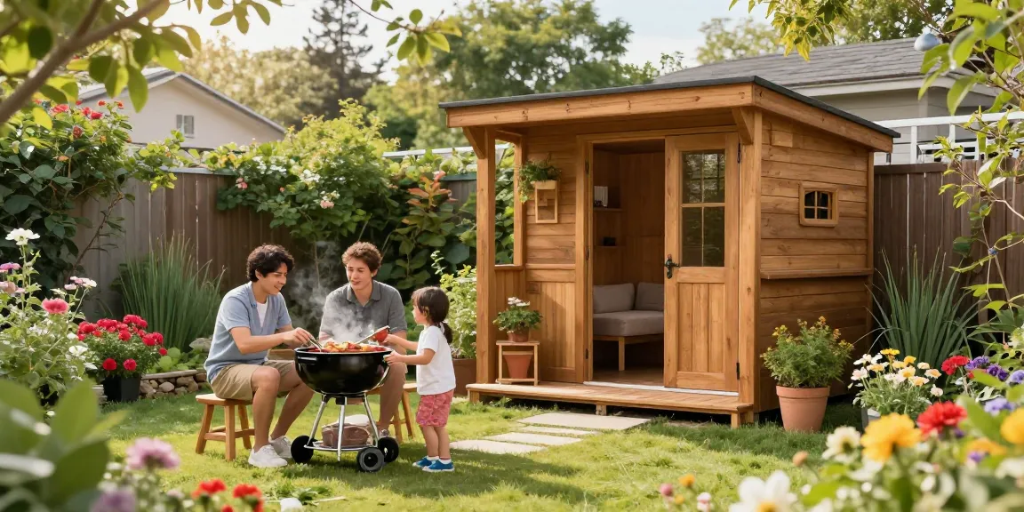 Ein modernes Gartenhaus aus Holz in einem lebhaften Garten, umgeben von bunten Blumen und spielenden Kindern.