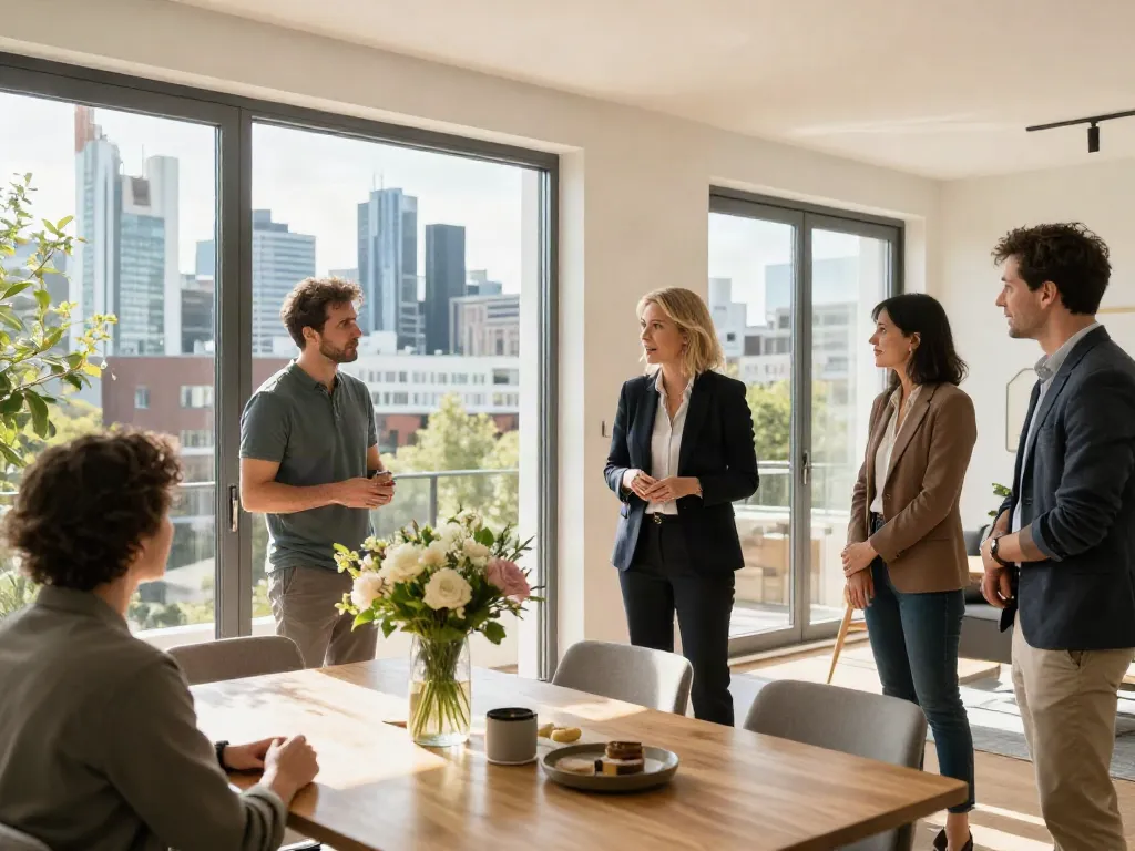 Bester Immobilienmakler Frankfurt führt Käufer durch eine stilvolle Immobilie in Frankfurt.