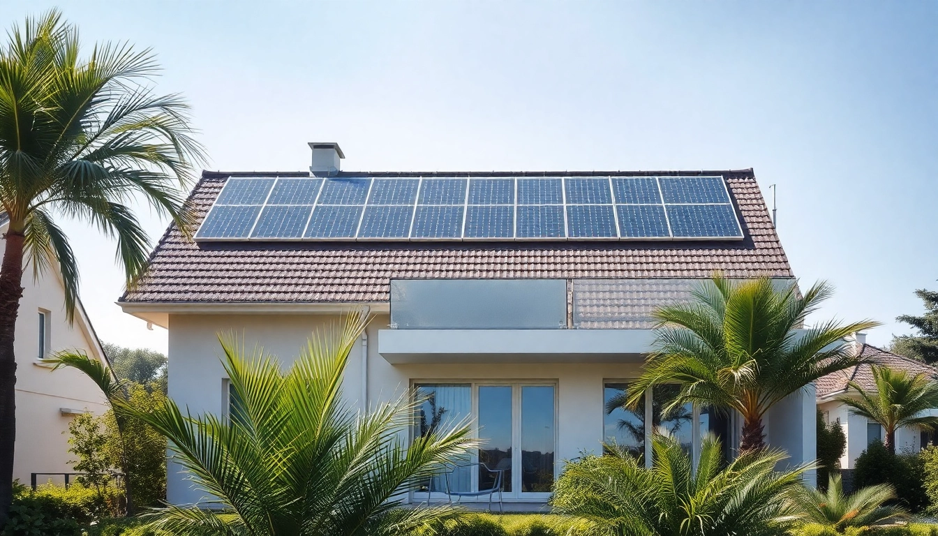 Visualisieren Sie ein modernes Wohnhaus mit einem Photovoltaik Komplettsystem auf dem Dach, umweltfreundlich und energieeffizient.