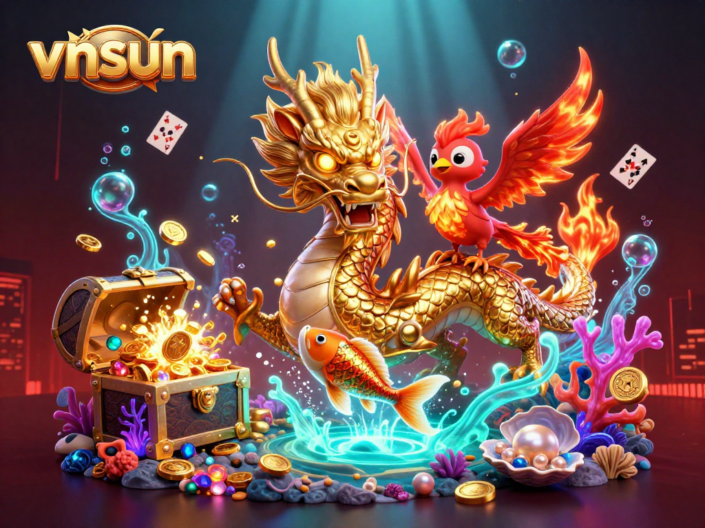Experience thrilling gameplay at vnsun with a golden dragon, phoenix, and koi fish amidst an explosion of coins