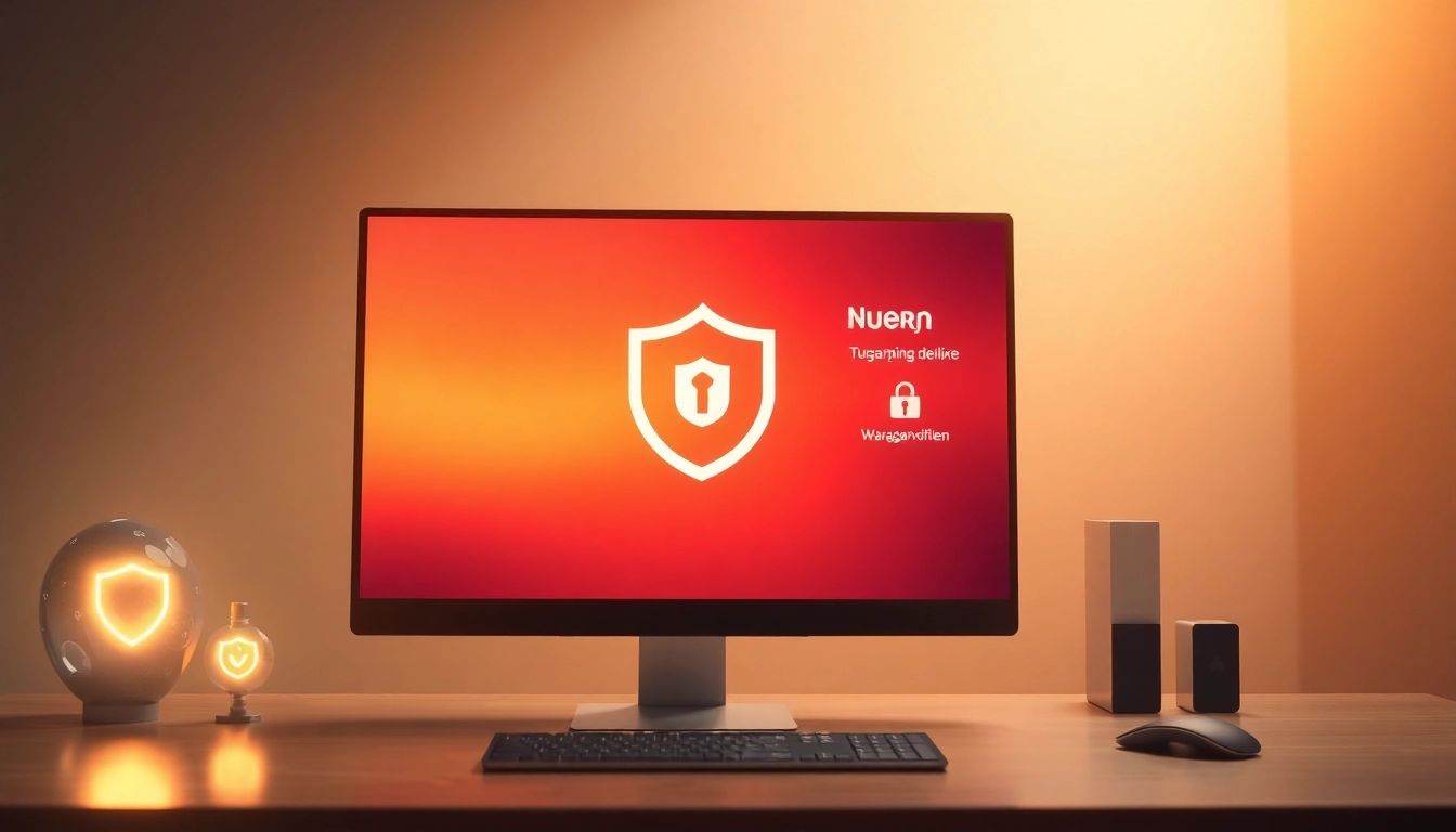 Sichere digitale Umgebung mit Norton Security Deluxe Schlüssel, die Schutzsymbole anzeigt