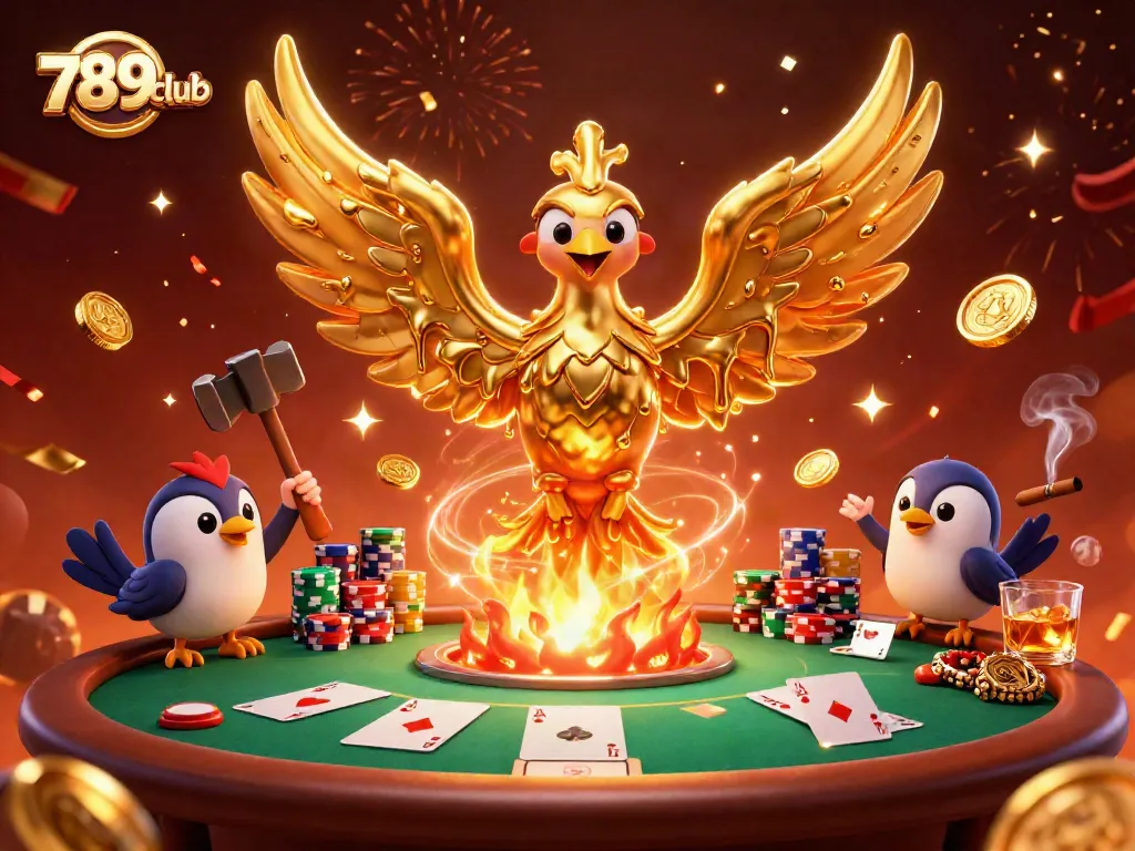 Experience the thrill of 789club with a vibrant casino illustration depicting golden phoenixes and poker elements.