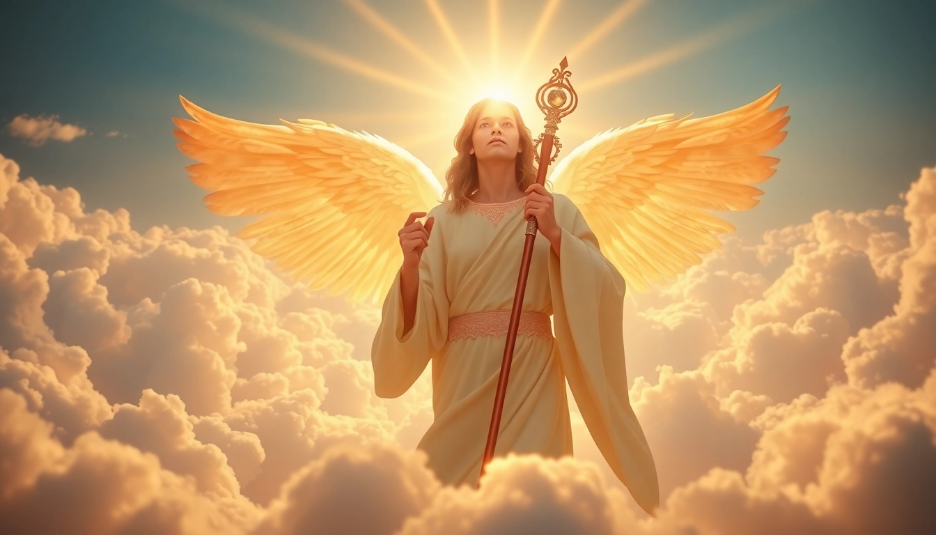 Erzengel Raphael in einer himmlischen Szene, strahlend und majestätisch.