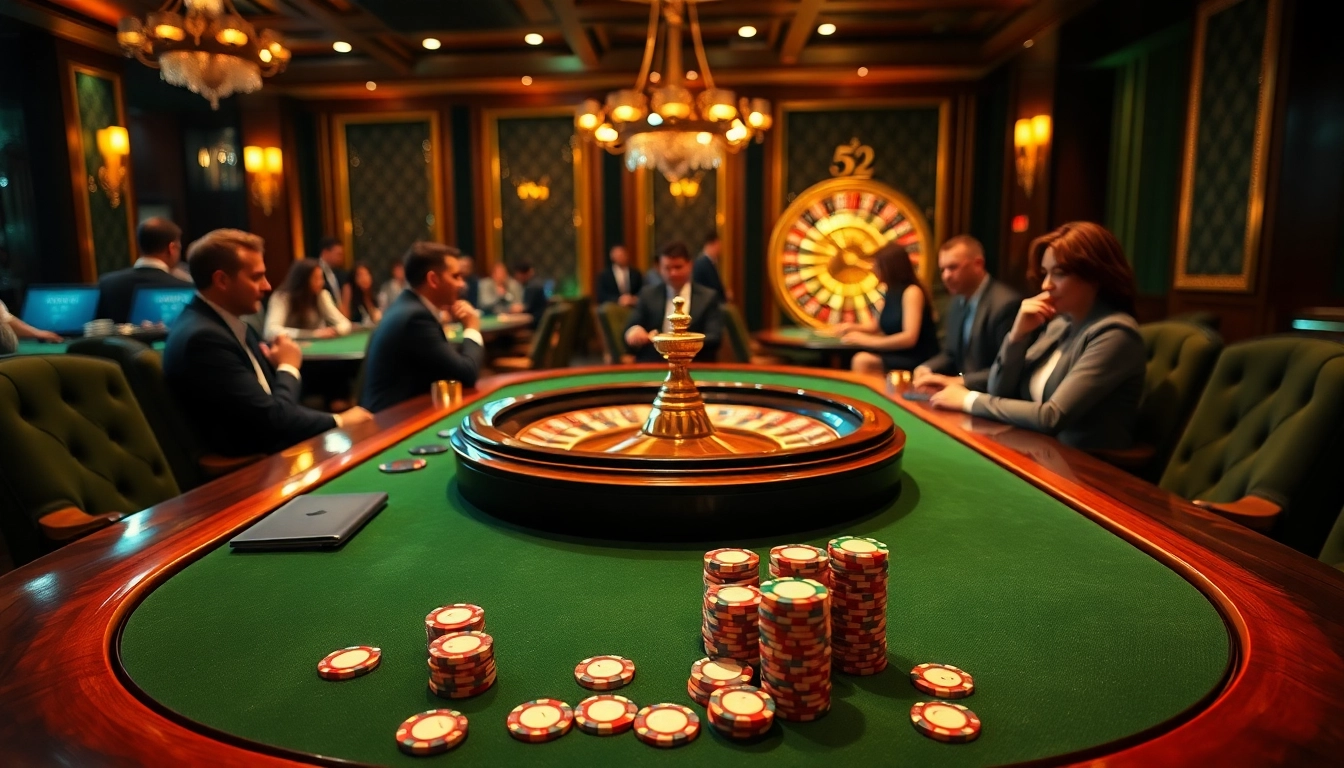 Experience the thrill of 52WIN with a luxurious casino scene featuring poker and roulette.