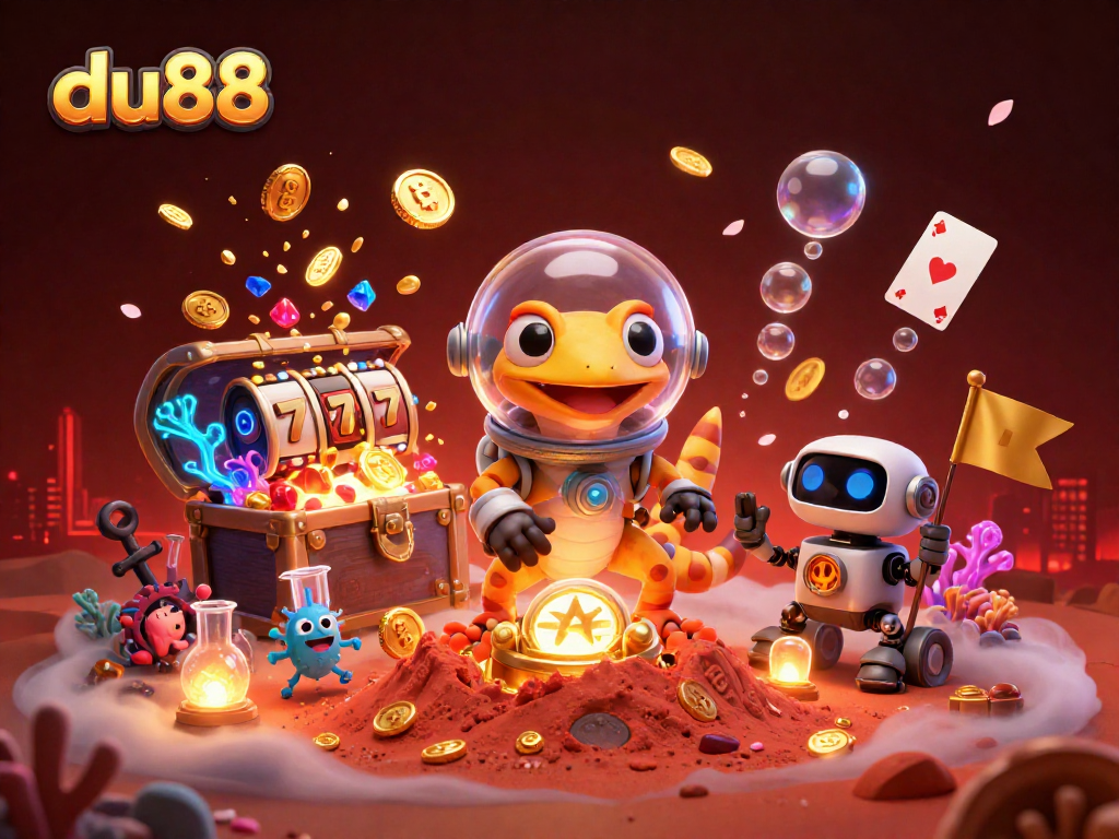 Experience the exciting golden casino adventure at du88 with a Martian gecko and vibrant treasures.