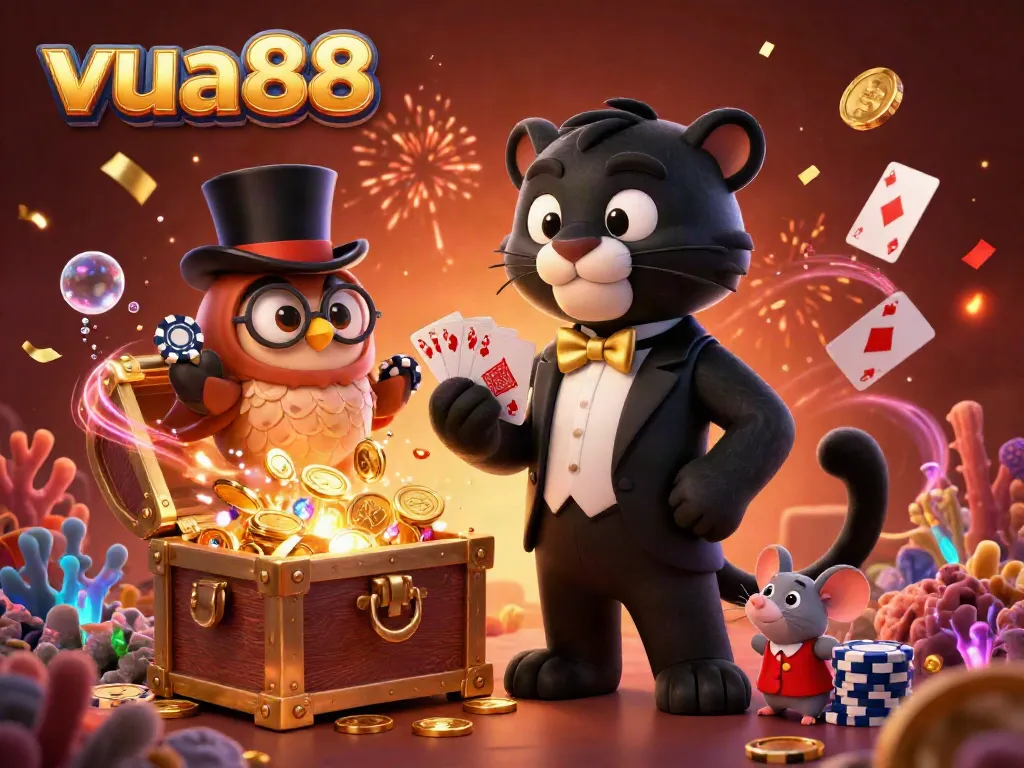 Experience excitement at vua88 with a lively scene of characters engaging in card games amidst a vibrant casino background.