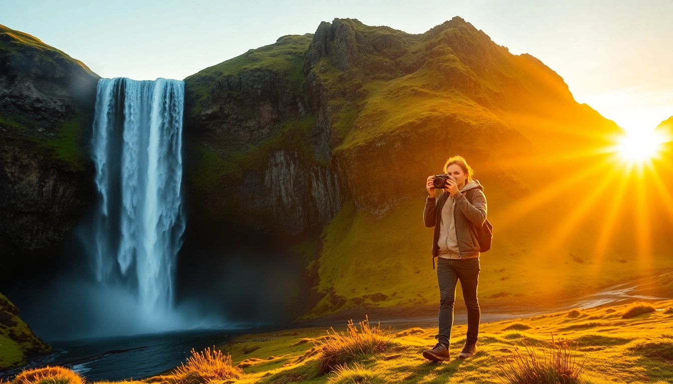 Erleben Sie die Reise nach Island mit einem Blick auf den beeindruckenden Gullfoss-Wasserfall in der goldenen Stunde.