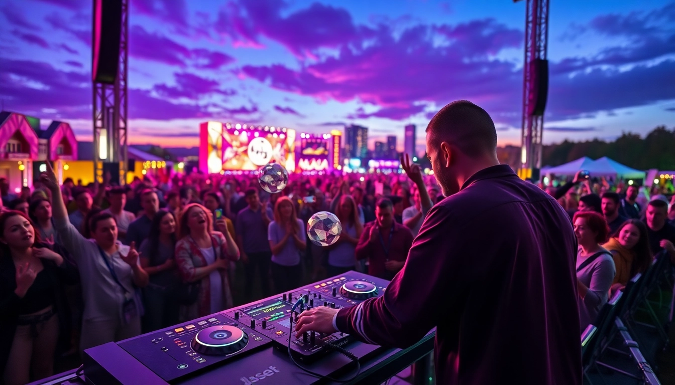 DJ in München begeistert das Publikum bei einem aufregenden Open-Air-Festival auf einer lebhaften Bühne.