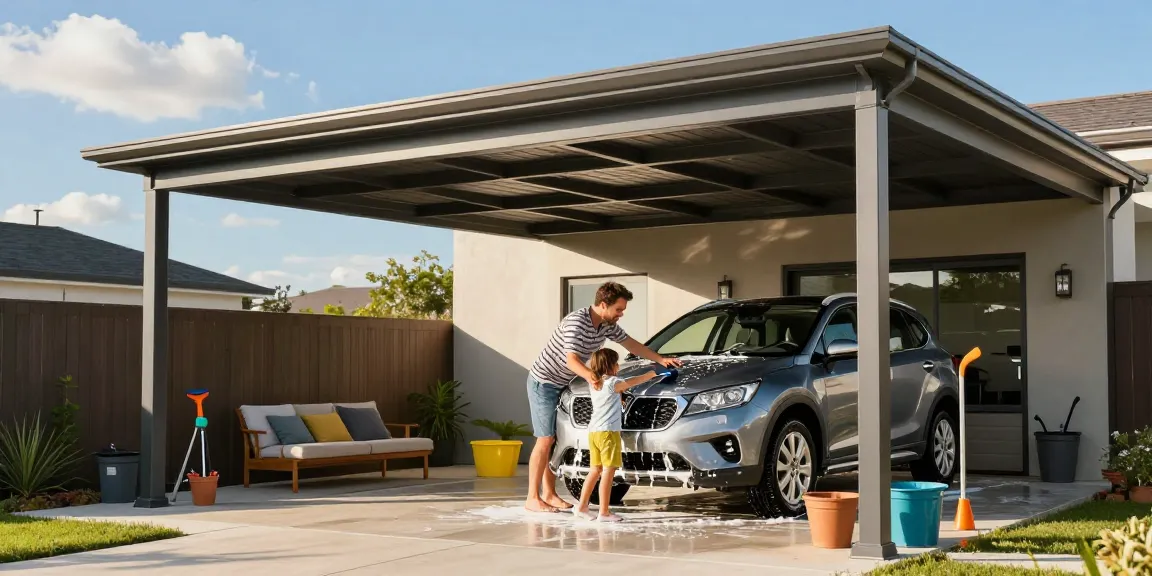 Moderne Carport-Struktur mit Familie, die das Auto wäscht, und Gartenwerkzeugen.