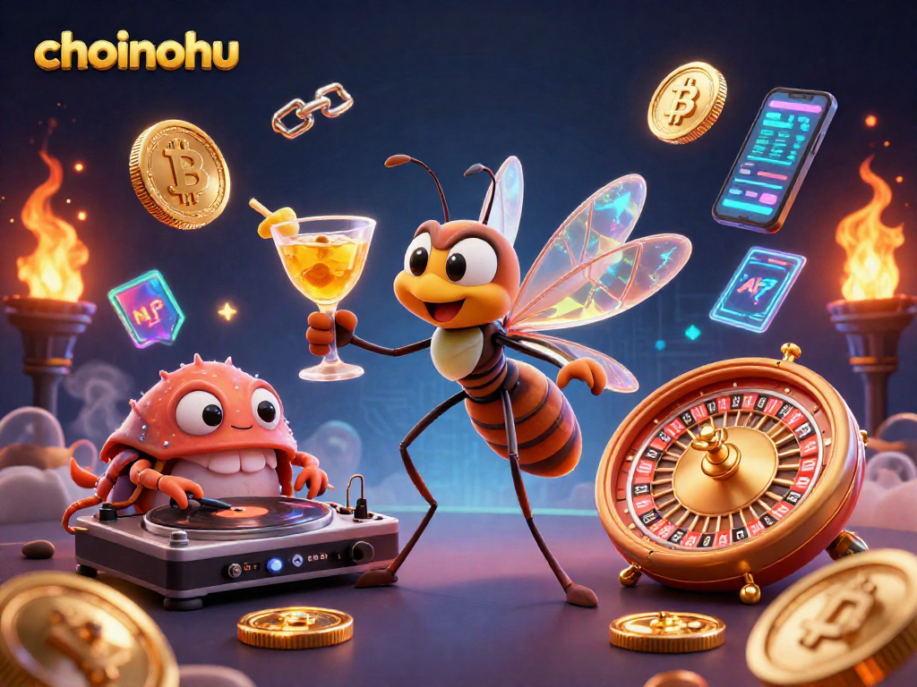 Improve your odds at choinohu with vibrant illustrated casino elements featuring crypto coins and dynamic characters.