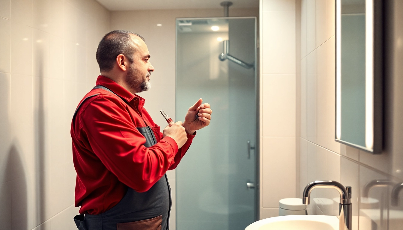 Professioneller Klempner bietet Sanitär Notdienst in einem modernen Badezimmer, undichtes Rohr reparierend.