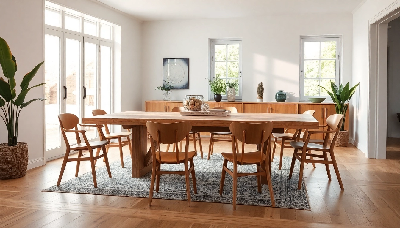 Ein massiver Eiche Esstisch mit Baumkante, umgeben von eleganten Holzstühlen, in einem modernen Esszimmer mit natürlichem Licht.