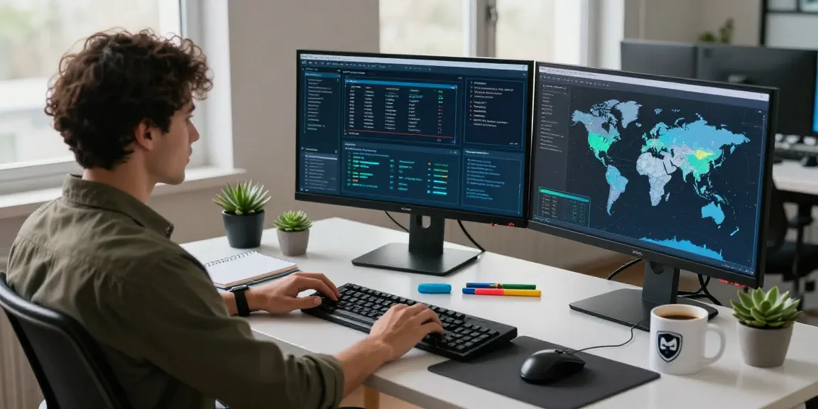 Anonymer VPN Anbieter featured in a tech workspace with security analyst monitoring cyber threats, highlighting privacy and productivity.