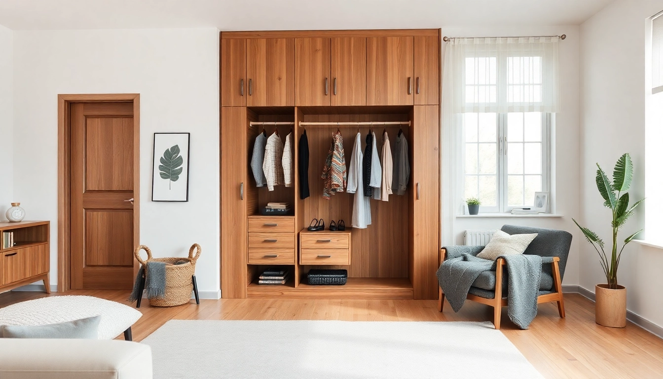 Holz Kleiderbügel hält elegant Kleidung in einem stilvollen Wohnzimmer mit natürlichem Licht.