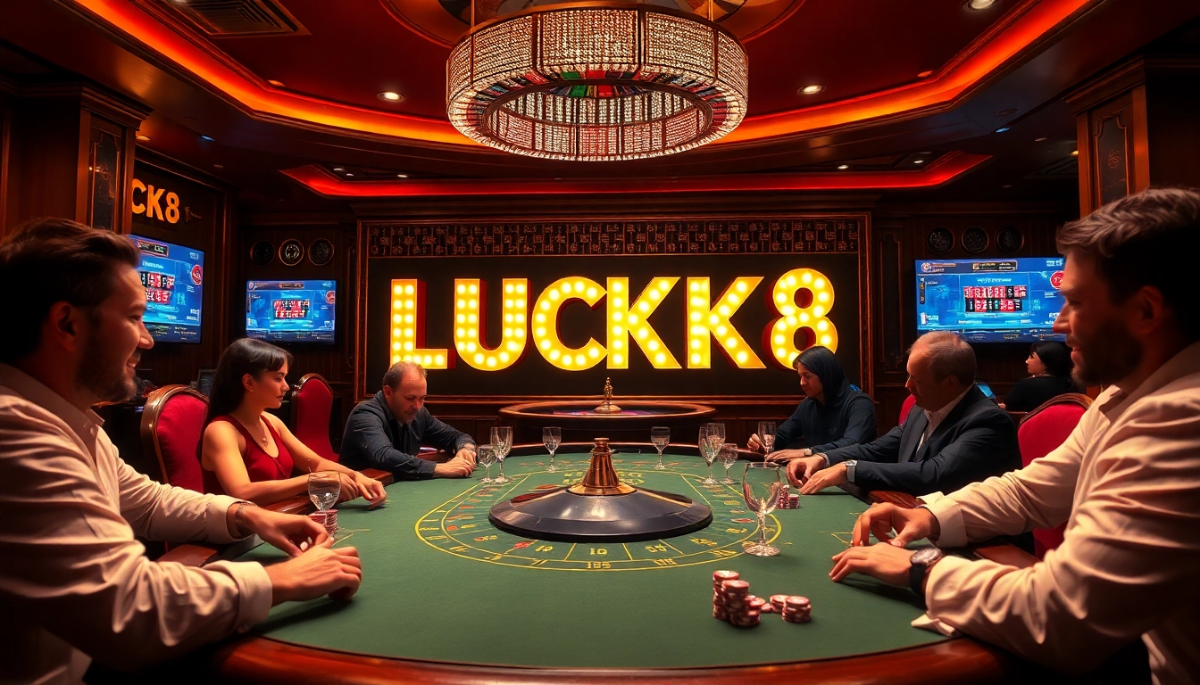 Cảnh bàn poker LUCK8 với cược cao và không khí casino sôi động