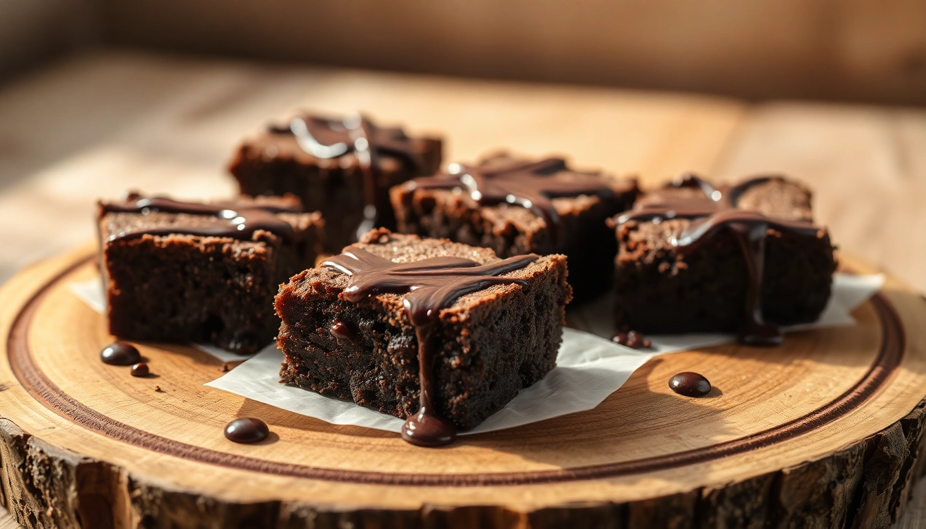 Verführerische Daga Brownies mit schmelzender Schokoladensoße, die reichhaltigen Geschmack und aromen betont.