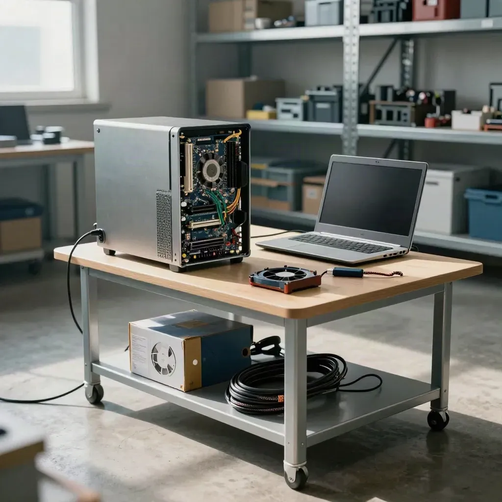 Offener Desktop-PC im Diagnosestand mit Laptop, Kabeltester und Ersatzlüfter in Werkstatt.