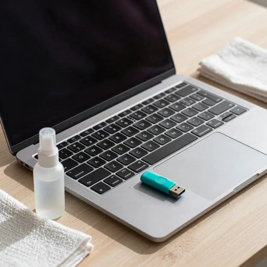 Gereinigte Laptop-Tastatur mit USB-Stick, Isopropanol und Tuch auf hellem Untergrund