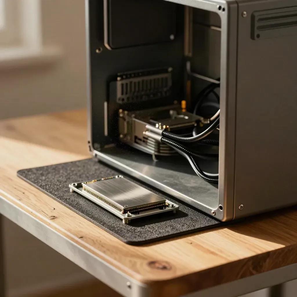 Offener PC mit ausgebautem Netzteil, neuer SSD und Schraubenschale auf Werkbank.