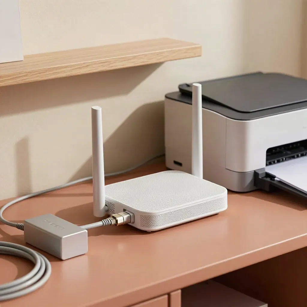 Router, Mesh-Knoten und Drucker auf terrakottafarbenem Sideboard im Heimnetz, sauber verkabelt.