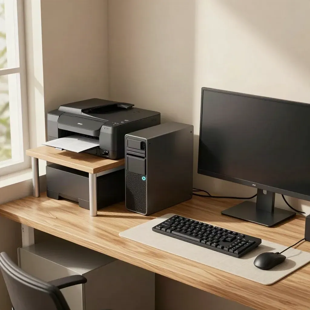 Frisch eingerichtete Büroecke mit PC, Drucker, Dockingstation und dunklem Monitor.