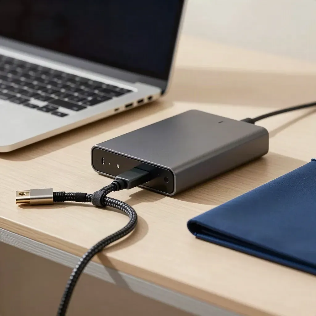 Externe Backup-Platte mit Dock, Laptop und Kabelset auf hellem Arbeitstisch.