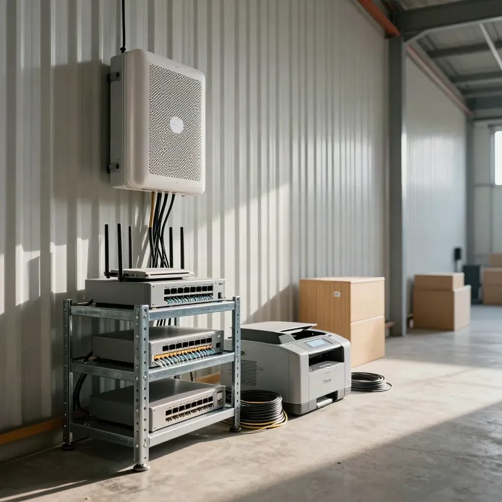 Lagerraum mit Router, Switch, Access Point, Kabeln und Drucker im stabilen Netzwerkbetrieb.