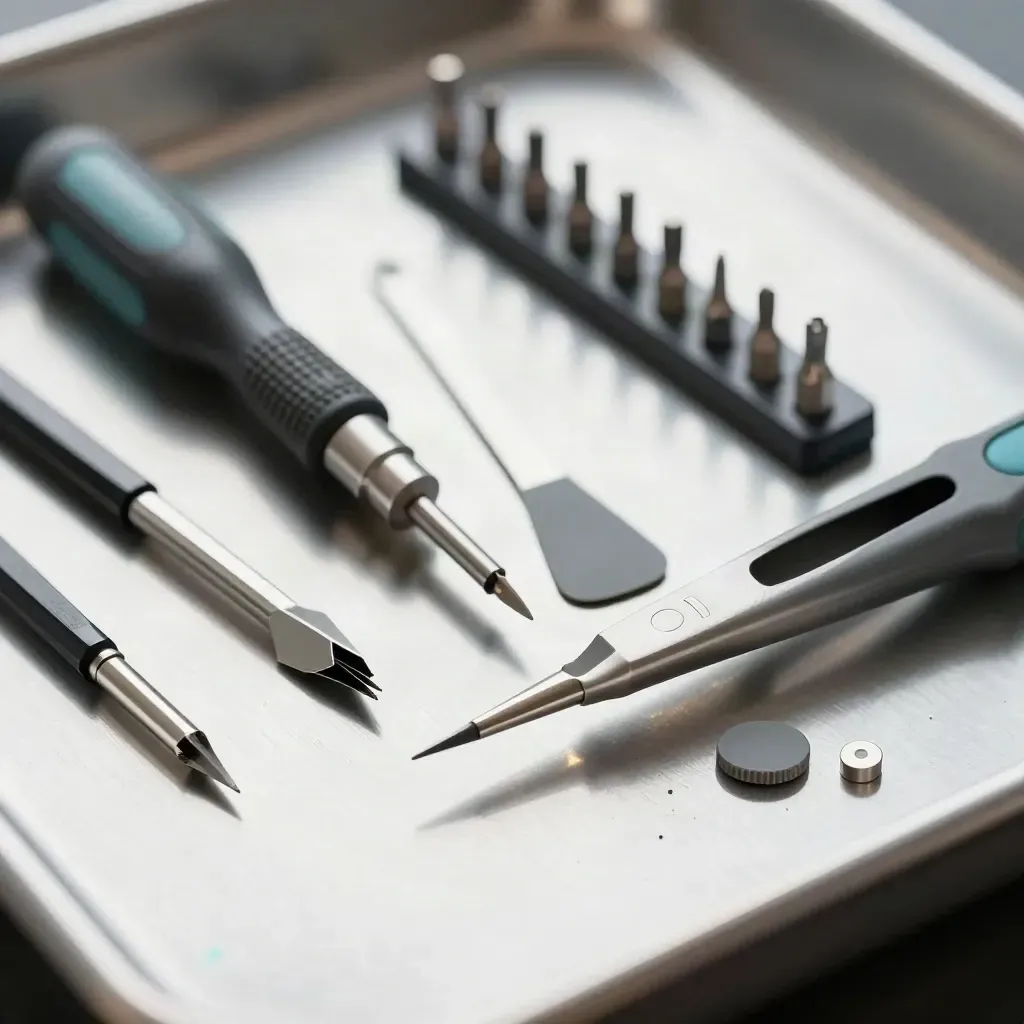 Makro von Schraubendreher, ESD-Pinzette und Bits auf gebürstetem Aluminium.