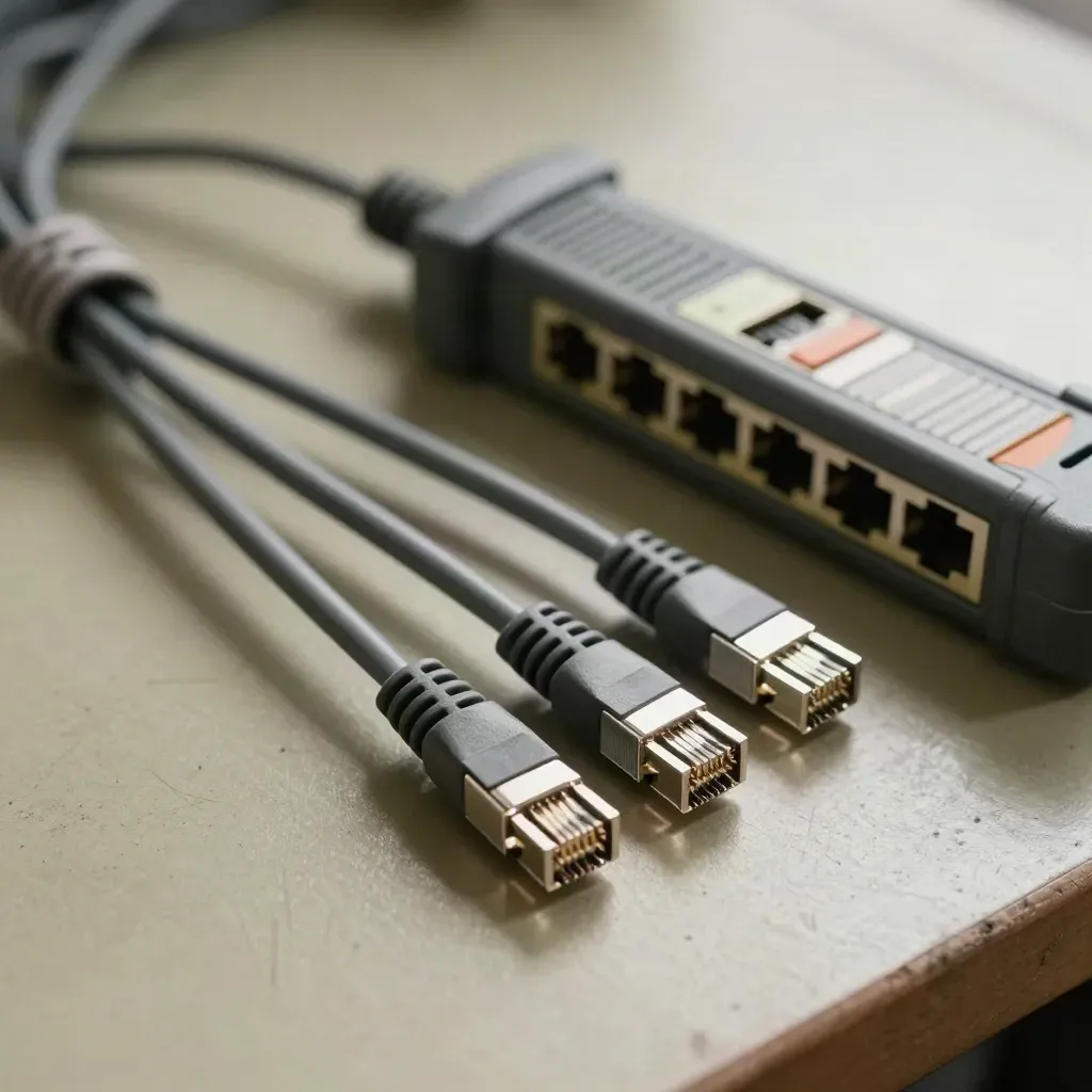 Netzwerkkit mit RJ45-Kabeln, Switch-Ports, Keystone-Adapter und Kabeltester