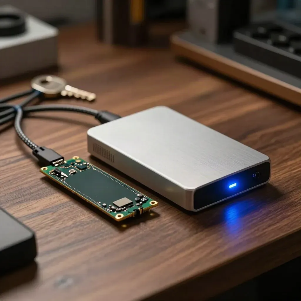 Externe Backup-Festplatte, SSD und Dock mit blauem Statuslicht auf Werkbank