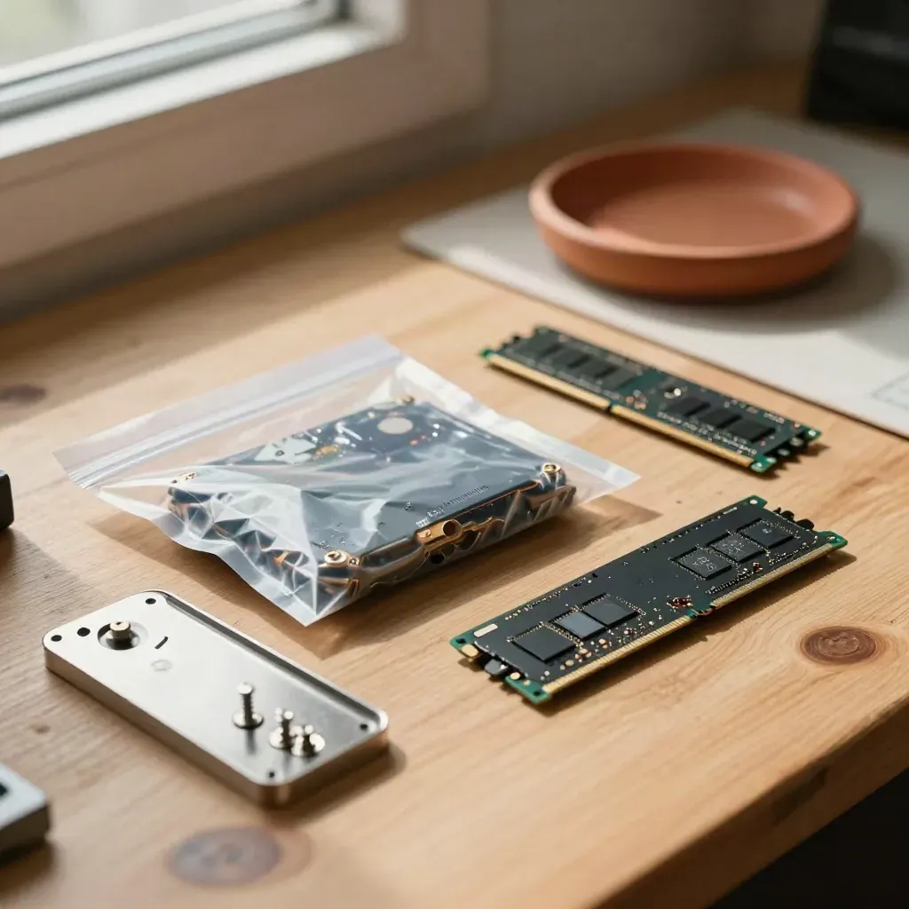 Beschädigte SSD, RAM-Riegel und Ersatzlaufwerk auf Werkbank mit Schraubenschale