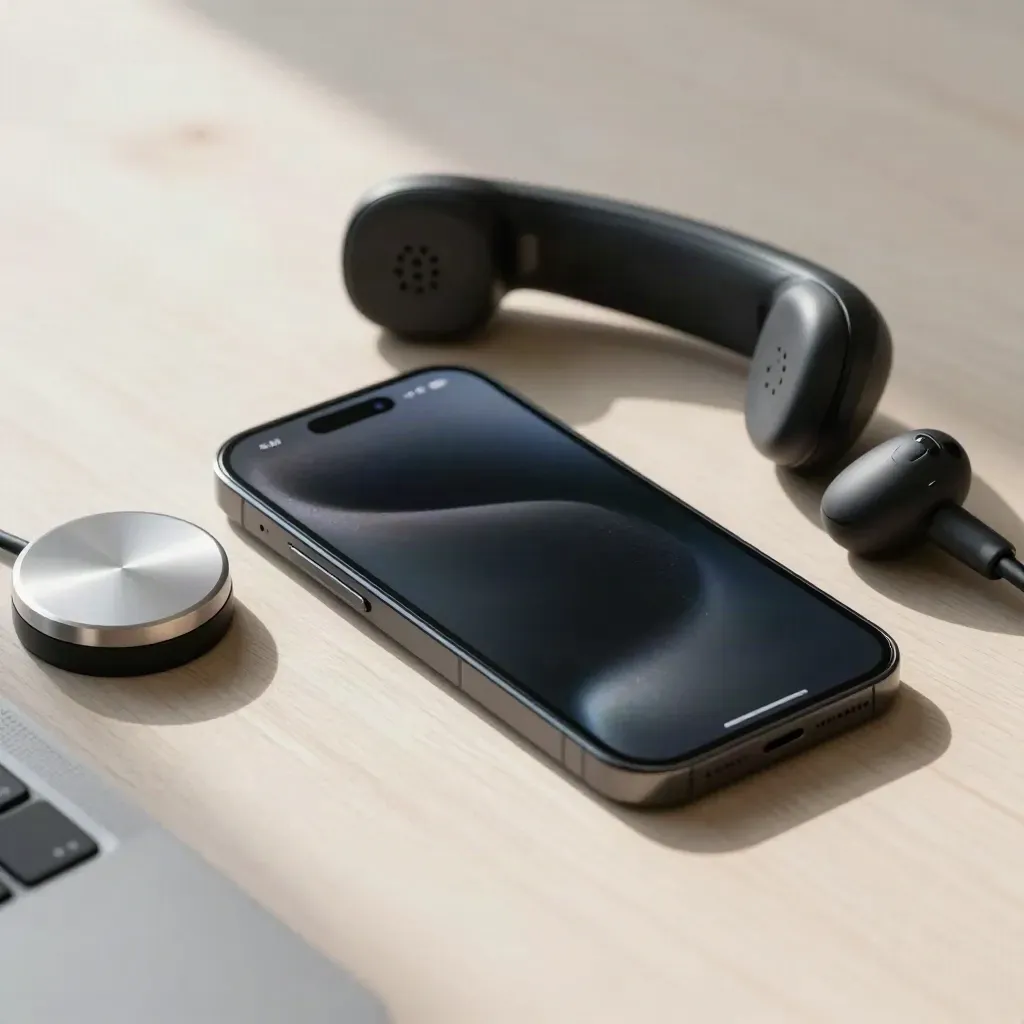 Smartphone mit Headset, Ladepuck und Telefonhörer auf hellem Holz, nah und gespannt inszeniert