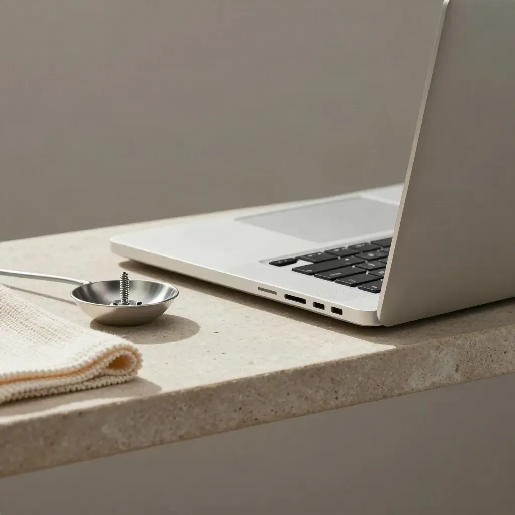 Geschlossene Laptop-Einheit, Schraubenteller, Mikrofasertuch und Kabelende auf Steinsims