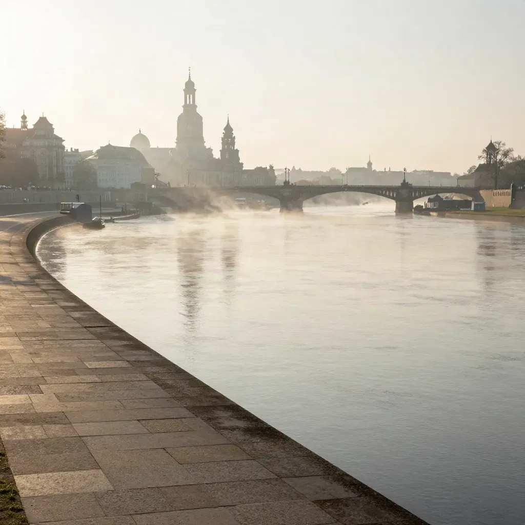 Dresdner Elbpanorama im Morgennebel mit Brücke und ruhiger Uferfläche
