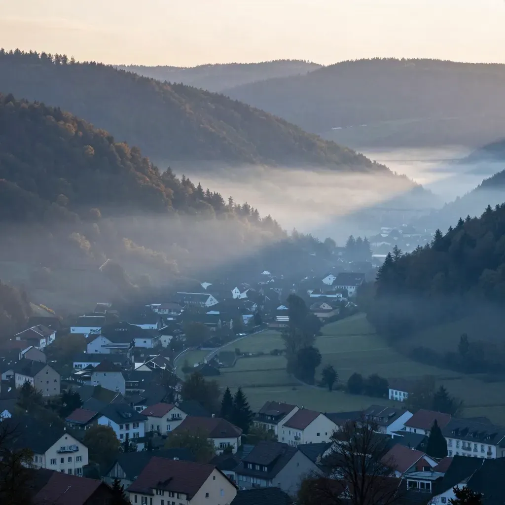 Blick über das Freitaler Tal im Dunst, mit Wäldern, Häusern und ferner Brücke.